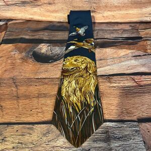 FIELD WEAR Men's Navy Blue Gold 100% Silk Retriever Ducks Hunting Tie Classic